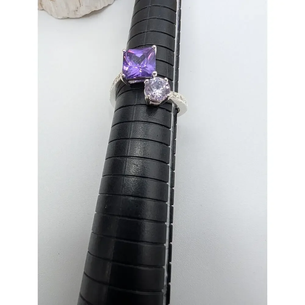 Fashion Silver Tone Bypass Ring Purple & Lavender Amethyst CZ Stones Size 7